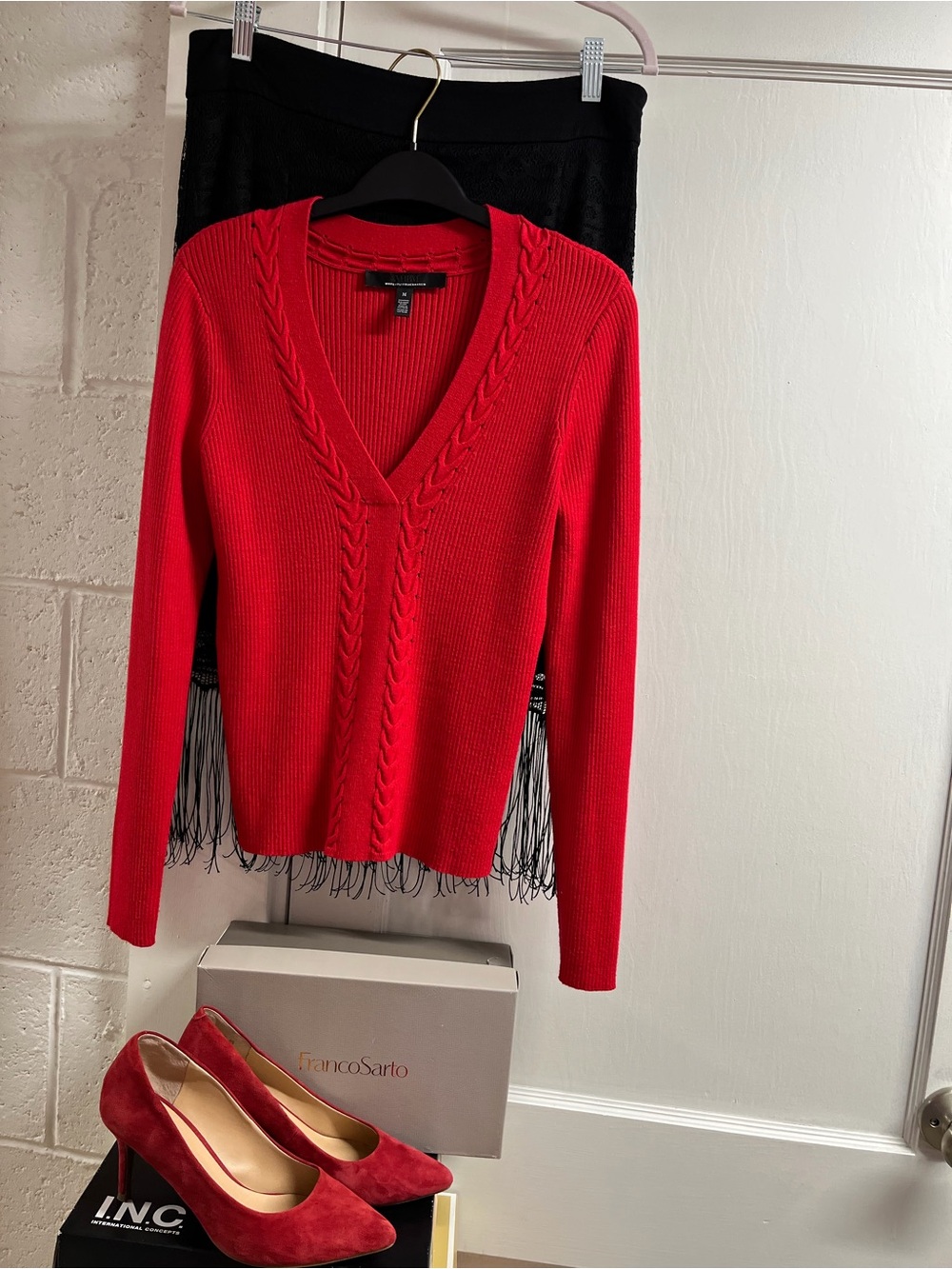 3 pc WHBM Red Women's Sweater/lace skirt/red suede pumps
